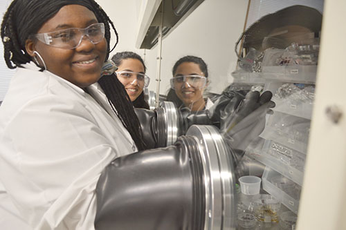 I-MRSEC REU participant Angela Johnson and her PhD mentor, Prapti Kafle, at work in Ying Diao's lab.