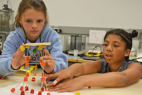 Two campers build a structure out of toothpicks and gum drops.