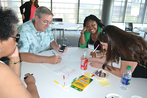 Zenobia Jefferson, Terry Koker, Stephanie Miller, and Irica Baurer work on their poster about students' perceptions of STEM.