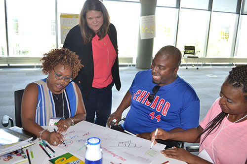 Meagan Pollock (second from the left, watches educators work on their poster regarding what students perceive STEM to be.