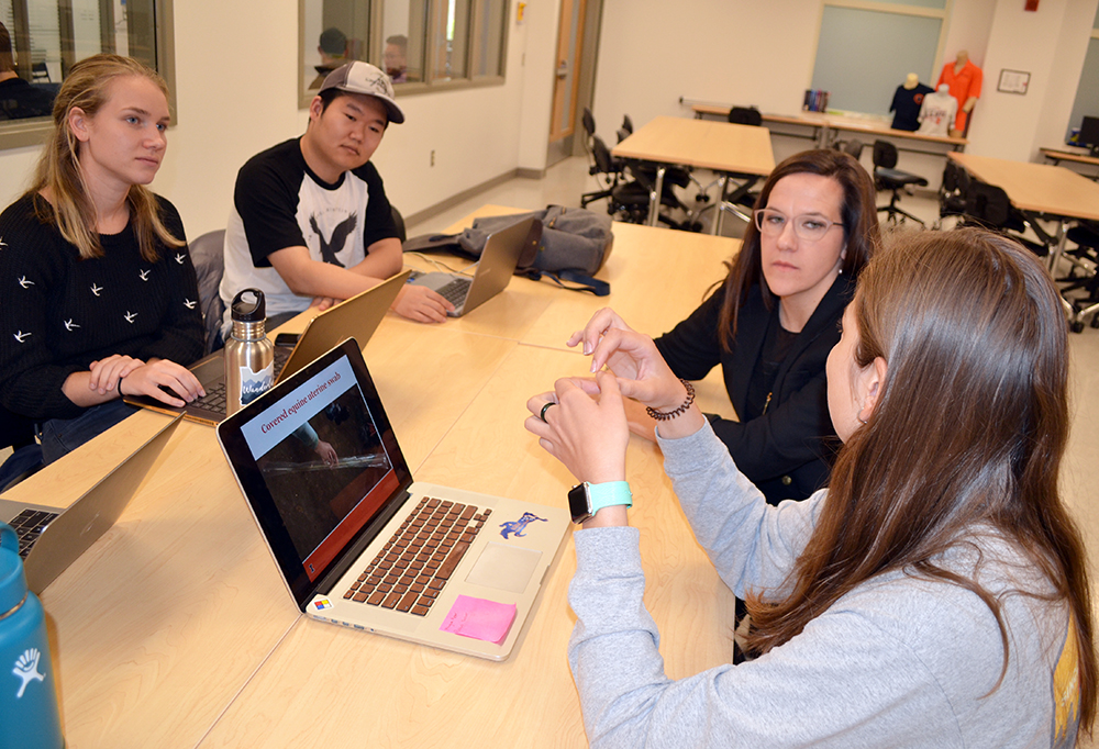 Holly Golecki (second from the right) meets with a team of students during one of BioE 435’s labs.