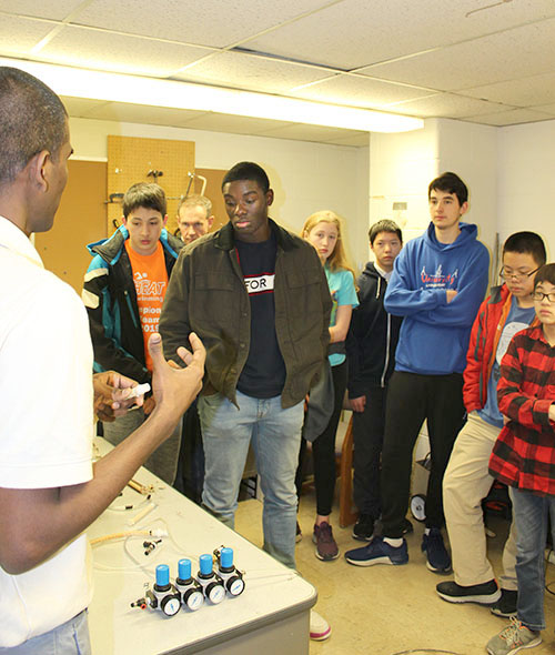 Uni High students experience soft robotics during a tour ISE Professor Girish Krishnan’s Monolithic Systems Lab. (Image courtesy of Naveen Kumar Uppalapati.)