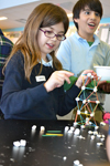 Two BTW students build their tower even taller prior to giving it the final Jello-earthquake-shake test.