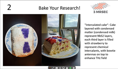Bake-Your-Research contest submission: An Intercalcated cake by 
Azel Murzabekova, a Physics PhD student in Fahad Mahmood’s lab. (Image courtesy of Azel Murzabekova.)
