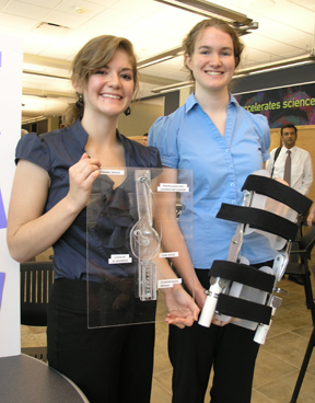 Students from Team Biodynamics showcase the active knee brace their team designed.