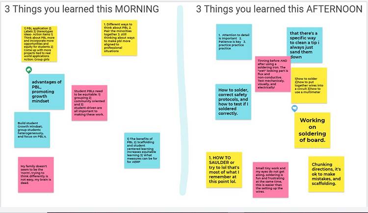 Teachers' reflections posted on the Jamboard detailing what they'd gotten out of the PD session.