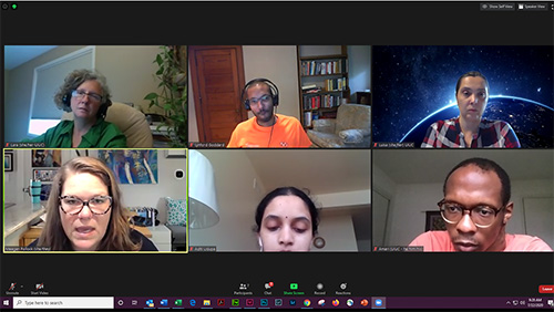 Top left to bottom right: CISTEME365 leadership Lara Hebert, Lynford Goddard, Luisa Rosu, Meagan Pollock, Aditi Udupa, and Amari Simpson participate in a Zoom session.