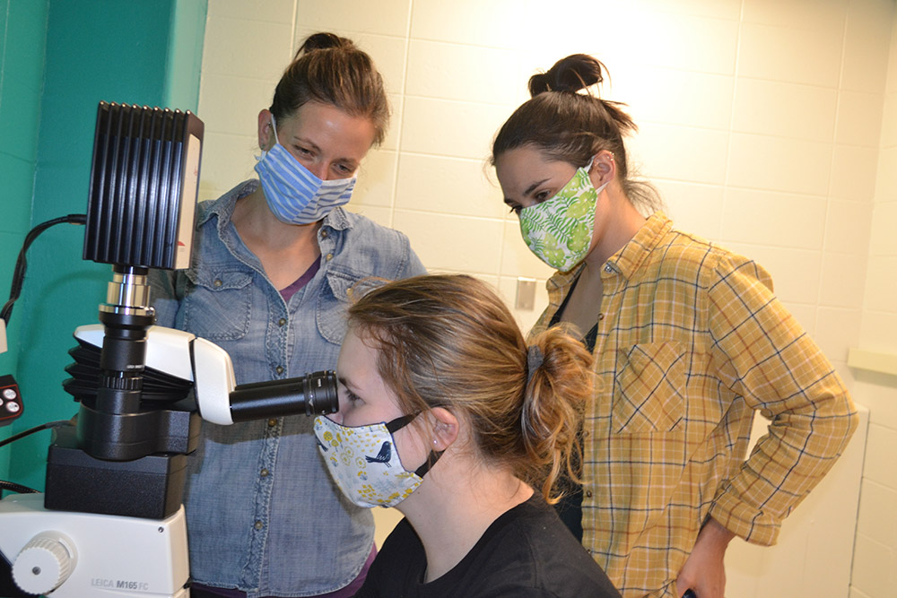 IB Professor Eva Fischer (left) and two of the grad students in her lab.
