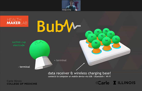 During the 2021 Virtual Health Make-a-Thon Competition, Kenny Leung presents a slide explaining how his idea, <em>A Wire-Free, 12-Lead EKG</em> works.