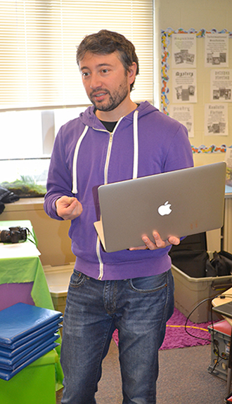 During Paper2Tree's morning outreach session at King School, Mattia Gazzola explains his research to Carr's  students.