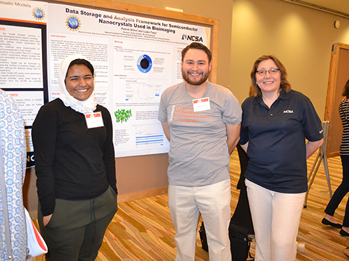 Left to right: INCLUSION REU participants Lujain Fatta and Patrick Shinn, along with Olena Kindratenko, INCLUSION co-PI  and project coordinator, at the Illinois Summer Research Symposium, where the two presented their research.