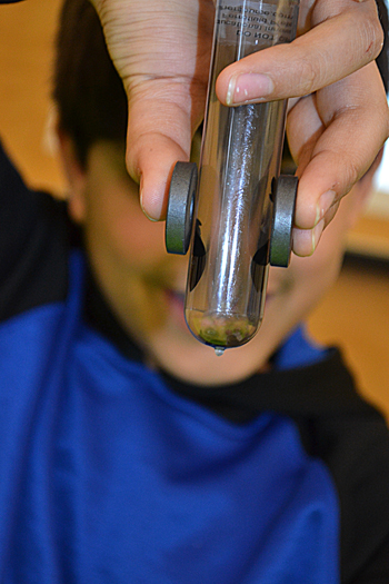 An NGS student demonstrates how magnets impact the materials in a test tube.
