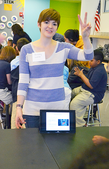 Brittany Weida shares a lesson on the pancreas with a group of BTW 3rd graders.