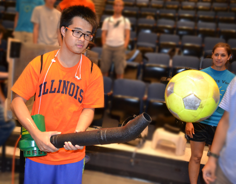 Physics Van trainee balances a ball on a blast of air.