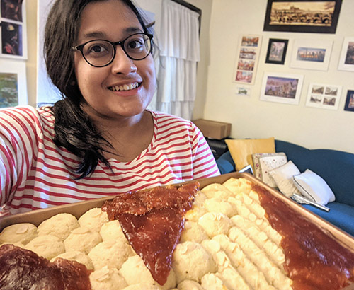 Preethah Sarkar, a PhD student in Professor Nadya Mason’s group, with the baked representation of her research for I-MRSEC's Bake-Your-Research Contest. (Image courtesy of Preethah Sarkar.)