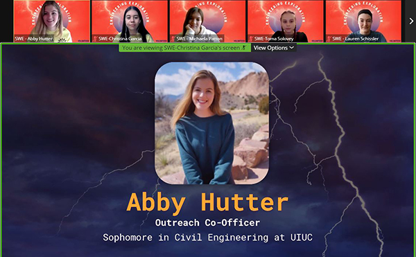 One of the introductory slides introducing SWE's officers and co-chairs administrating Engineering Exploration...in this case, Outreach Co-Officer Abby Hutter.