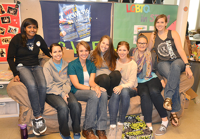 SWE members enjoy the overstuffed couch in their Engineering Hall office.
