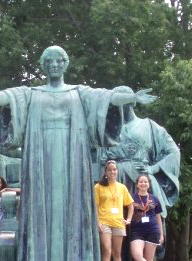 "Val and Ann pose near Alma Mater their freshman year.