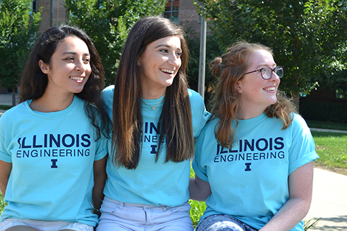WIE Orientation Co-coordinators: (left to right) MechSE junior Samantha Moran; Elizabeth Sanders, a fifth year Chemical Engineering  senior set to graduate in December; and Siobhan Fox, a rising senior in Systems  Engineering and Design.