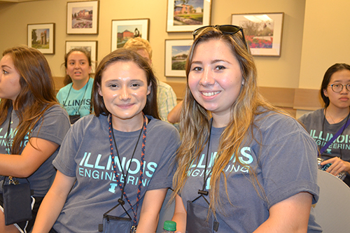 MechSE freshmen Emily Kyle and Megan Bardee wait for the Engineering Career Services presentation to start. 