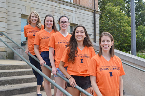 The fall 2019 WIE Orientation coordinators (left to right): WIE Director Angie Wolters, Michelle McCord, a junior in Engineering Physics; Alexa Yeo, a senior in Civil and Environmental Engineering; Berat Gulecyuz, a junior in Bioengineering; and Brooke Newell, the WIE Program Coordinator and an Engineering Undergraduate Academic Advisor.