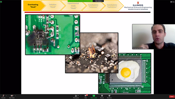 MechSE grad student Mohamed Mousa, who works in Professor Nenad Miljkovic's lab, shares his hook about how electronics can overheat in an effort to  educate his audience about the evaporation field in heat transfer.