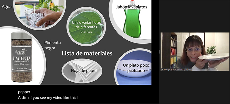 In Marilyn Porras-Gómez's Zoom presentaton, she shows students a slide about the various materials they will need in order to do her hands-on activity.