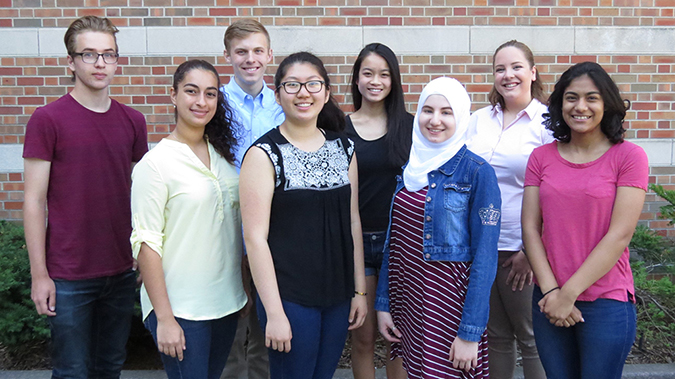 2017 researcHStart students: Back row, left to right: Robert Forsyth, Jarron Roy, Joy Chen, Elizabeth Breen. Front row, left to right: Sarah Matatov, Yichen Yao, Malaak Saadah, Aditi Mehta.(photo courtesy of Ashley Lawrence).