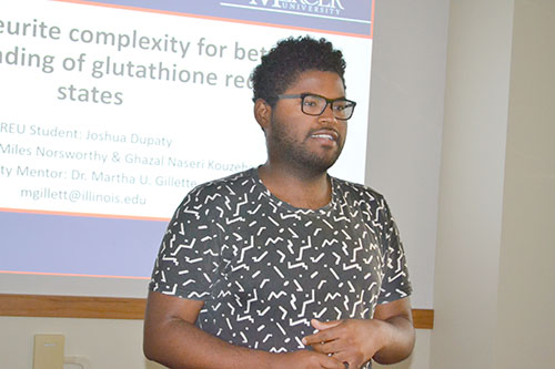 Joshua Dupaty practices giving his oral presentation during a REU weekly meeting