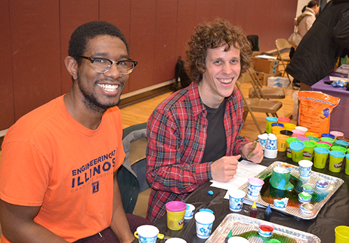 Alex Horn and Paul Ruess enjoy helping at the volcano station.