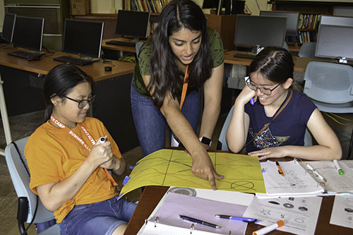 Elizabeth Ayala (center), demonstrates to students how to play tic-tac-toe on a 2D representation of a cylinder.