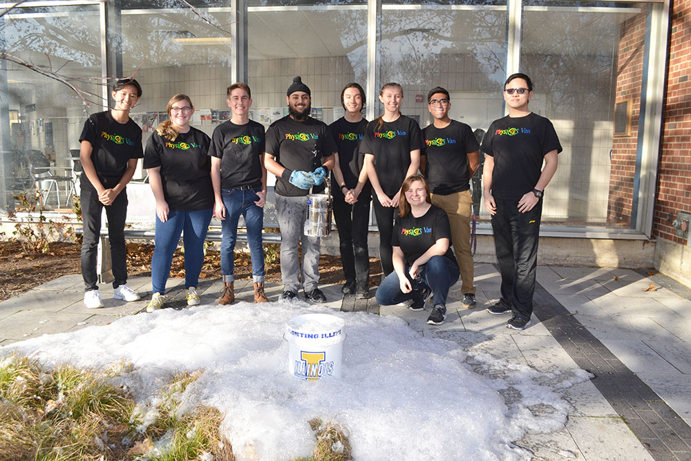 Physics Van volunteers outside Loomis Lab in the aftermath of their soapsuds explosion.