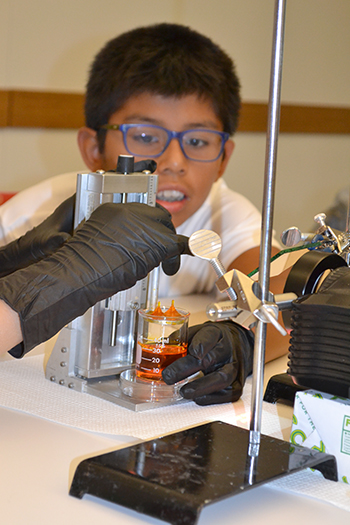 A youngster removes the Eifel Towers he and his partner 3D printed at the Champaign Public Library acitivty.