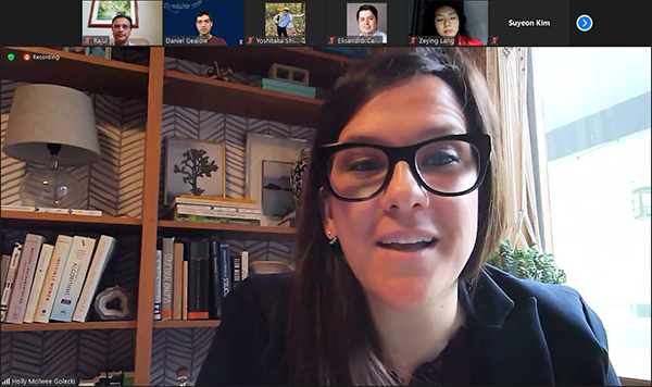 Holly Golecki interacts with her students during the Virtual Final Presentation.