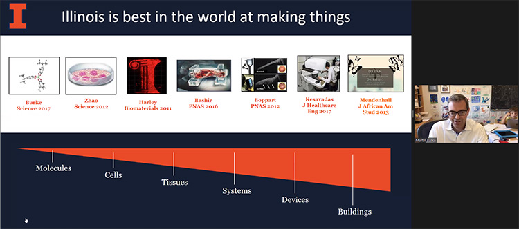 During Marty Burke's (right) introductory remarks, he cites some of the many innovations developed at Illinois. 