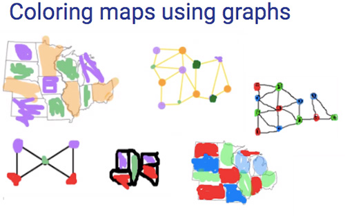 A  student work sample; here the students colored  maps using graphs, part of the "Counting, Coloring, and Graphs