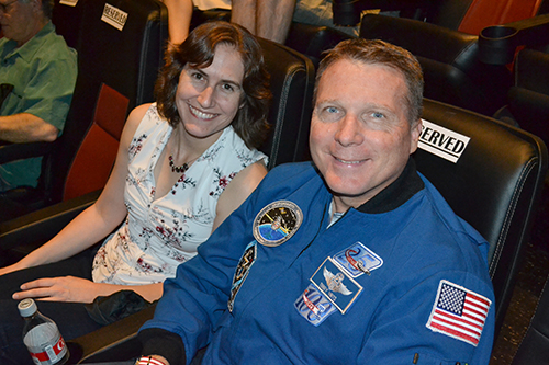 Katie Mack (left) and Terry Virts (right) before the IMAX showing of <em> A Beautiful Planet</em>.