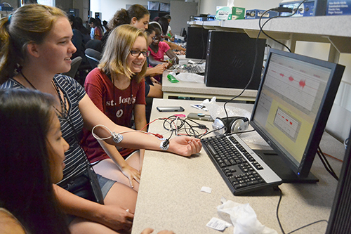 2018 Bioengineering GAMES campers do a muscle strength lab activity.