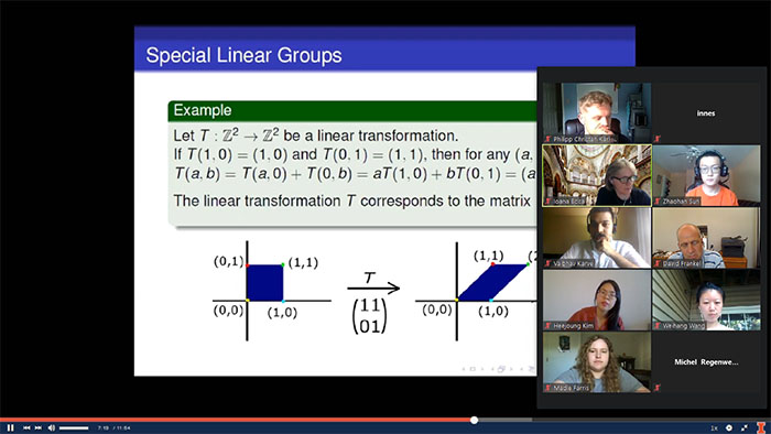  Hejoung Kim's group present their project on Geometric Group Theory during the June 25th final presentation. Watching via Zoom are  the key players, including Hieryonimi, Boca, the five team leaders, and funder David Frankel.