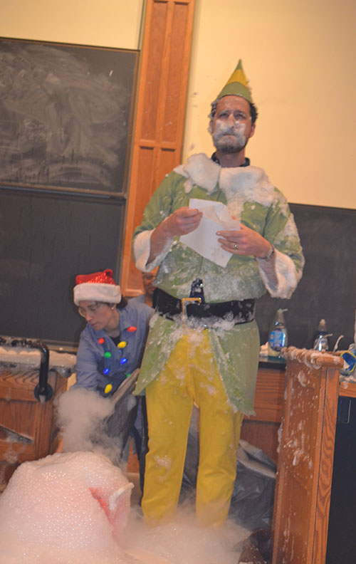 Christian Ray in the aftermath of the big finale, a soapsuds explosion precipitated by adding liquid nitrogen to a solution containing dish soap.