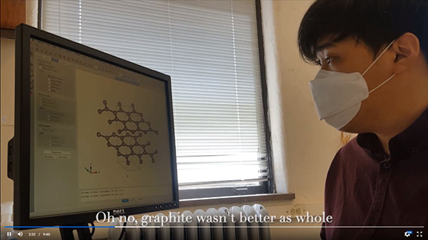 A shot of Kisung Kang checking out graphene's honeycomb pattern during the video, illustrating some of the 2D materials research taking place at MRL.