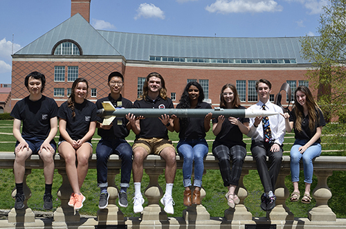 Illinois Space Society members with their rocket on the Bardeen Quad.