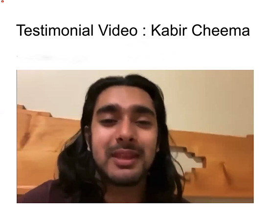 Kabir Cheema presents his testimonial during the July 2nd Closing Ceremony on Zoom.