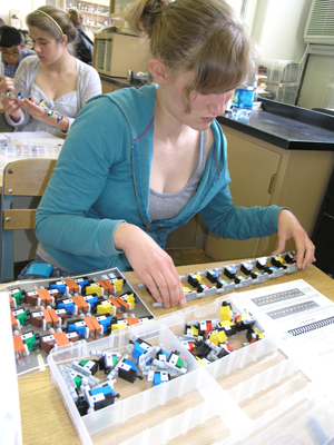 Student in Sone's Human Genetics class uses Lego kit to determine it's usefulness for instruction.