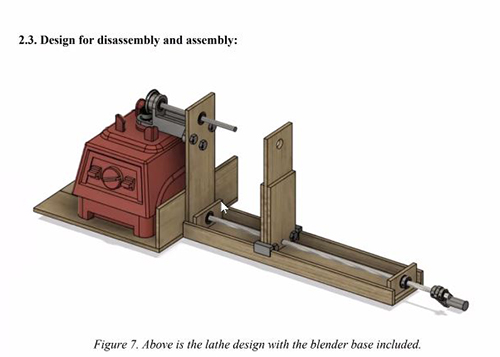 John-luc Pec's final project: a wood turning lathe powered by a blender.