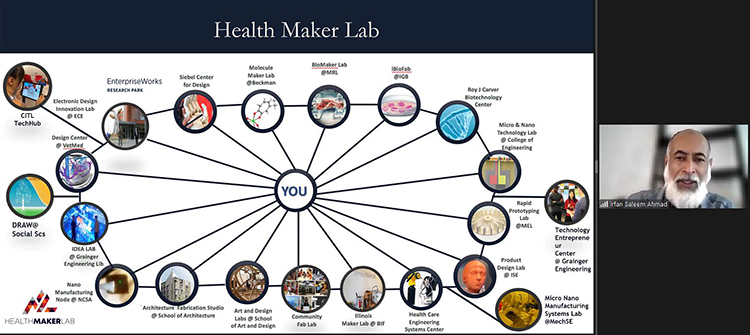 Ahmad is displaying a slide of the Health Maker Lab architecture during the Zoom orientation.