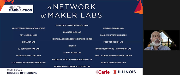 During the Make-a-Thon competition held via Zoom, Irfan Ahmad presents a slide listing the 19 Health Maker Lab Nodes.