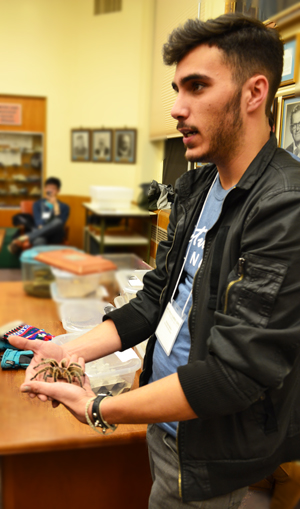 Graduate student in a Naturally Illinois exhibit on insects shows Cecil the Tarantula to Expo visitors.