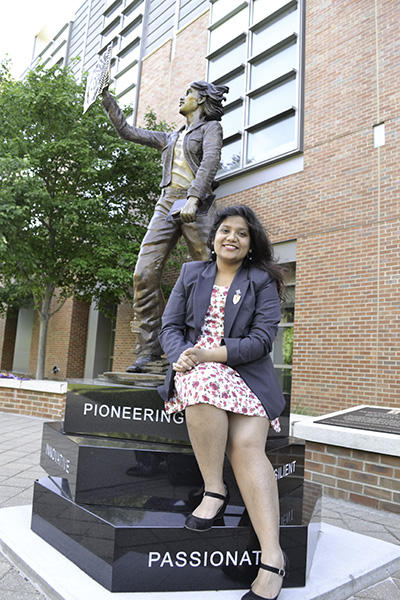 Former ECE graduate student Sakshi Srivastava, by the Quintessential Engineer. Srivastava, who, along with Wolters, spearheaded having the statue of a female engineer erected on campus, is featured in the "Inspiring the Next Generation" chapter.