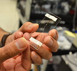 Bahl displays one of the devices his team designed.